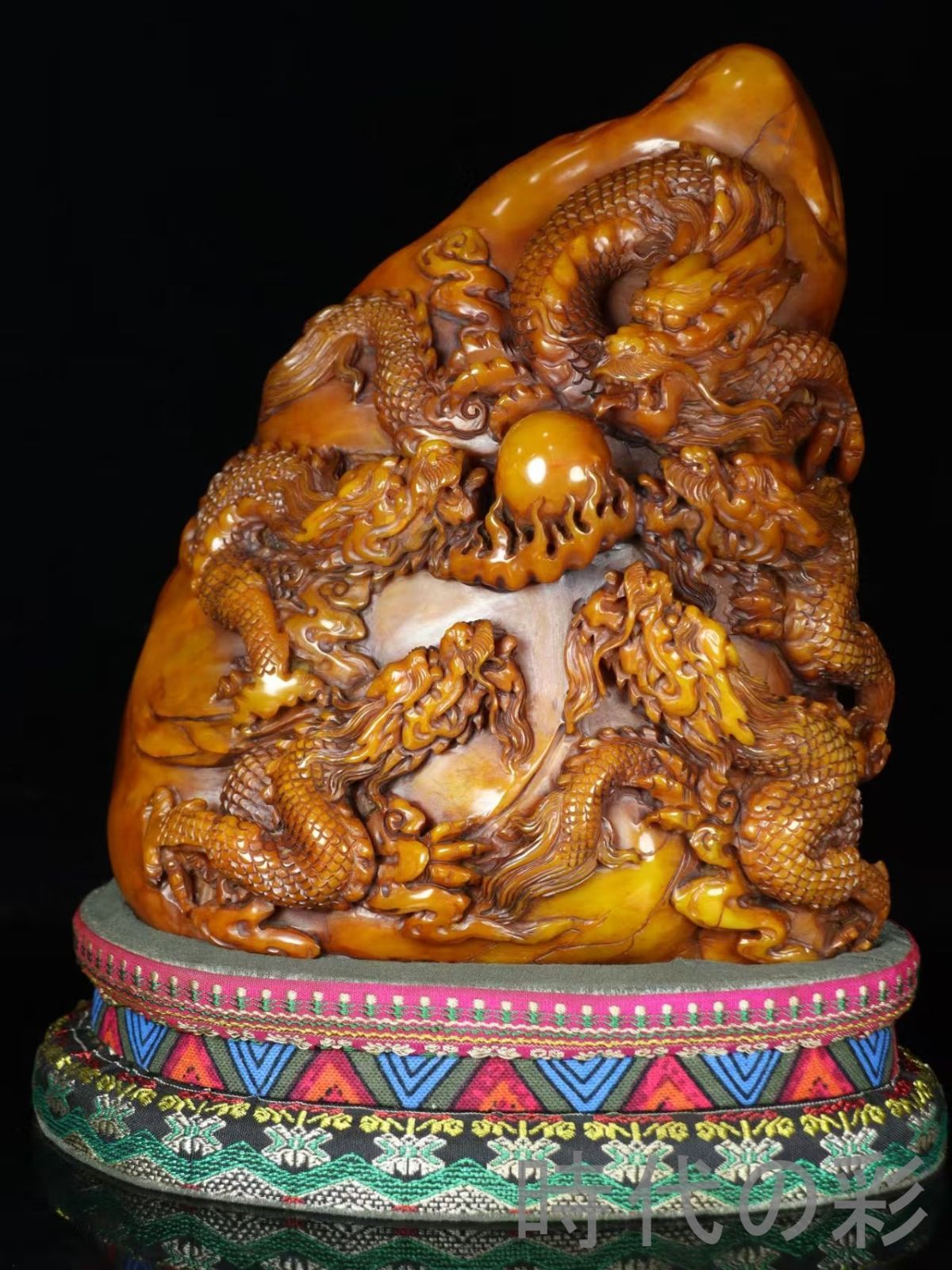 中国古美術 寿山石高山石 龍馬精神 巧色鏤空 重器 細密彫 手彫り 在銘