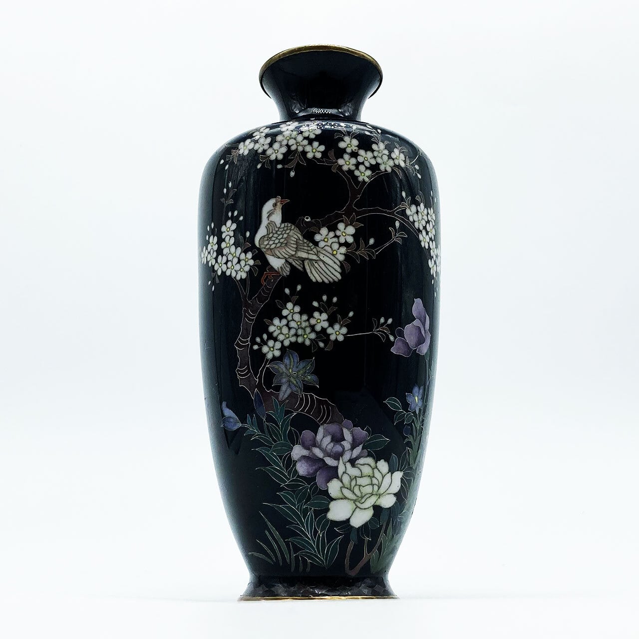 七宝焼 尾張七宝 花瓶 茄子紺地山鳩に桜の図 明治期 時代物 15.2cm