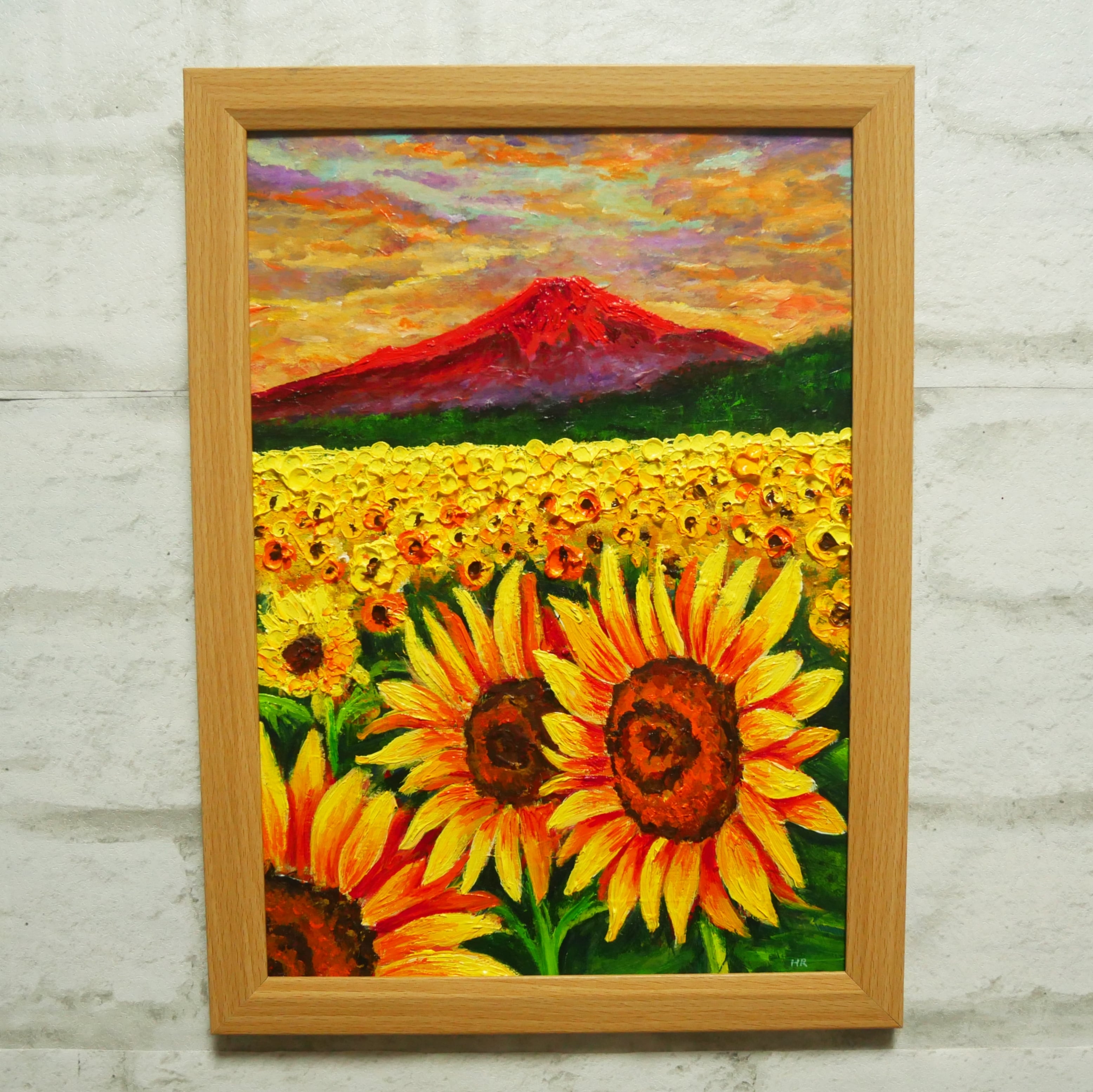 油絵 絵画【夕日と赤富士のひまわり畑】 | HIROSHI1990