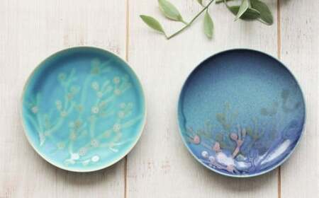 datta.沖縄南の島陶芸工房】珊瑚プレート 取り皿（2枚セット）瑠璃紺