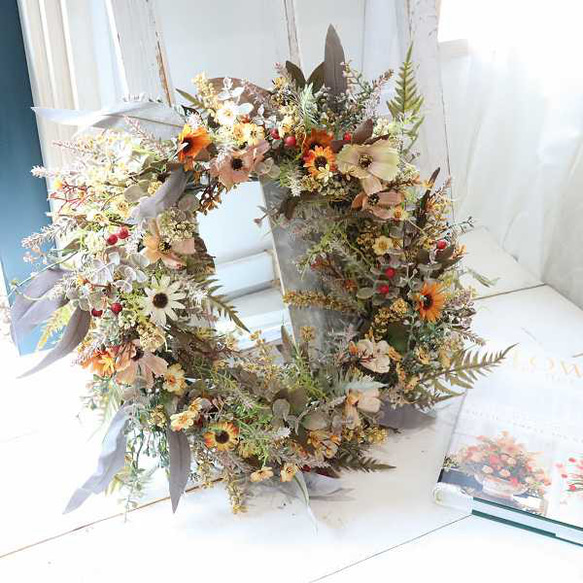 大きいリース 45センチ アンティーク ドライフラワー風 玄関リース