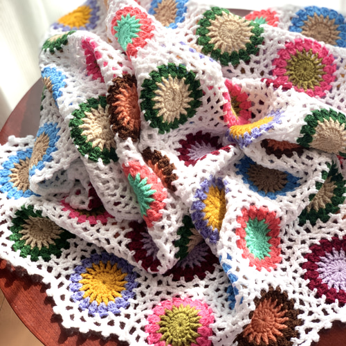 ハンドメイド 手編み かぎ針編み お花モチーフ ブランケット/ひざ掛け