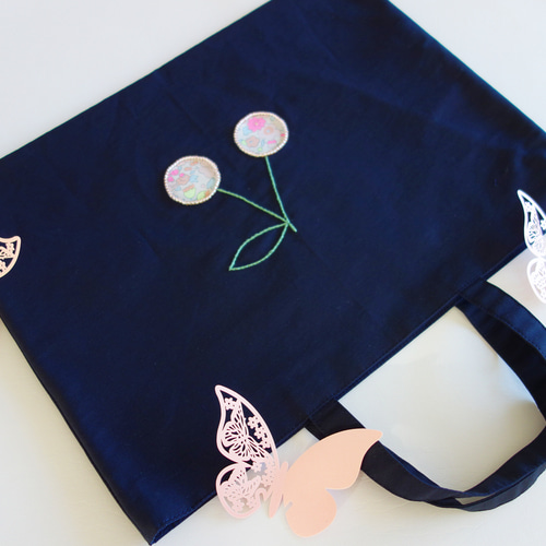 レッスンバッグ さくらんぼ 刺繍 ネイビー リバティ チェリー 女の子