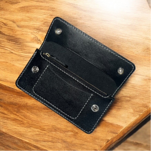 ロングトラッカーウォレット/姫路レザー芯通し黒色/ステッチ白色/フル