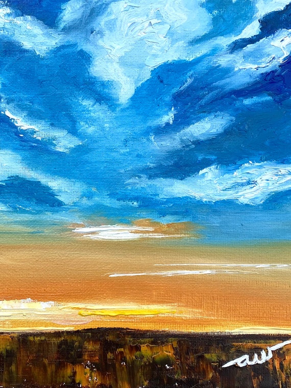 Abstract Skyscape Oil Painting, Textured Blue & Orange Landscape