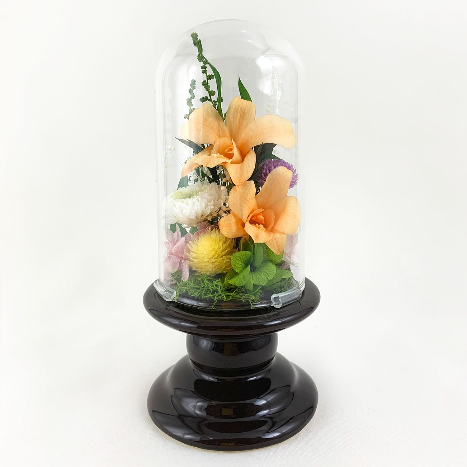 ガラスドームのプリザーブドフラワー 仏花 デンファレ｜お供え用