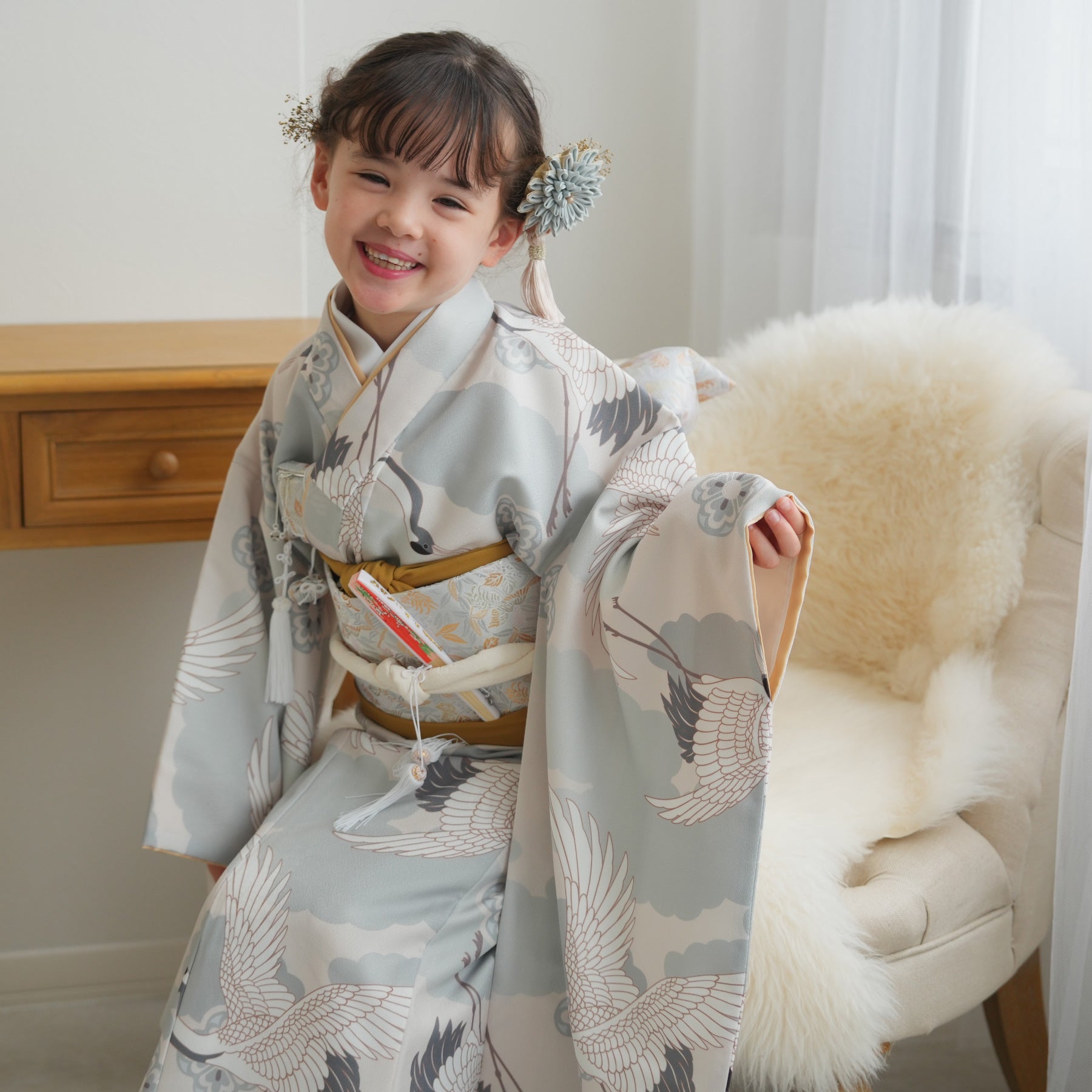 レンタル】七五三着物 7歳女の子 着物セット ミント吉祥鶴 四つ身