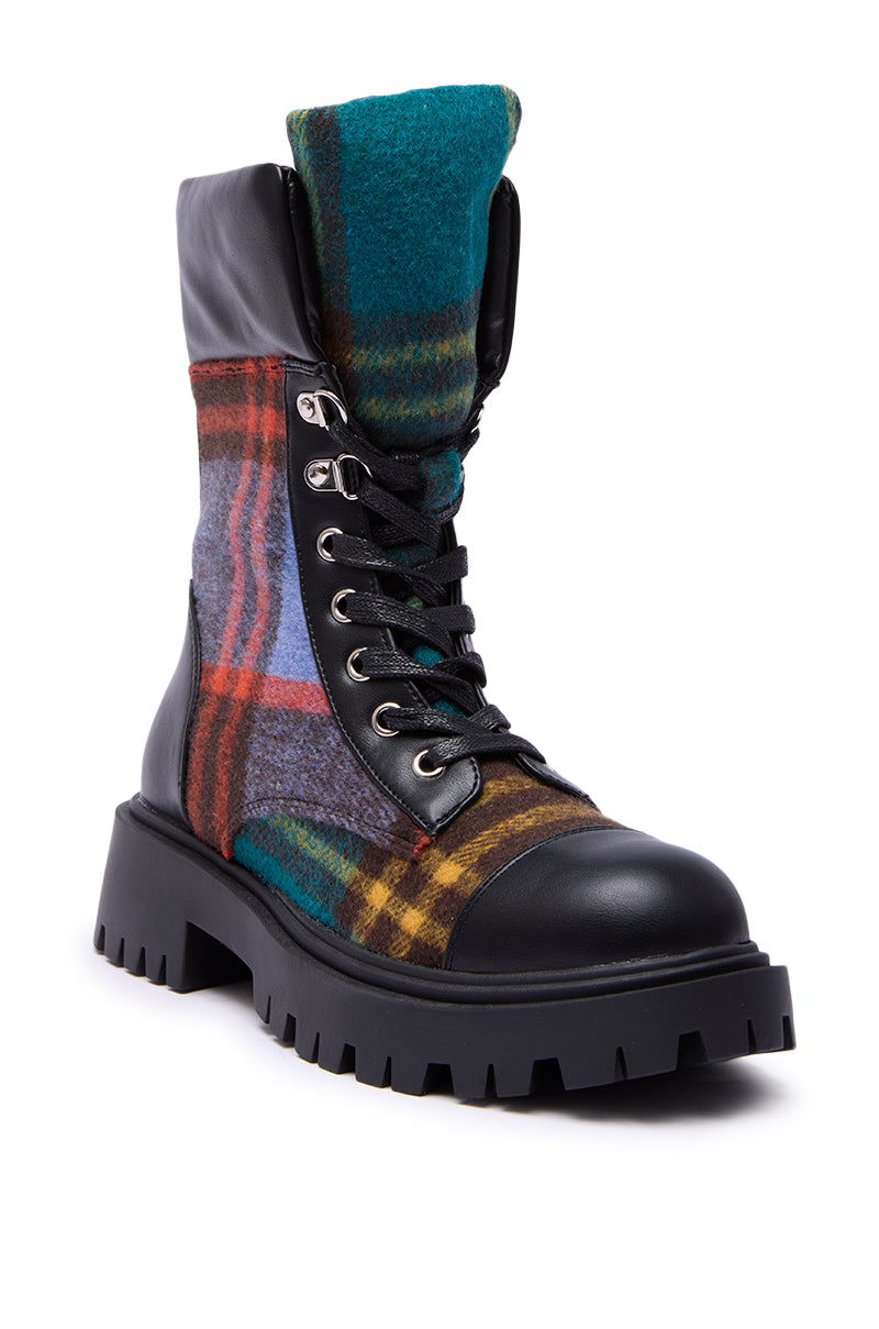 AZALEA WANG CALIBAN BLACK MULTI PLAID COMBAT BOOTIE – AKIRA