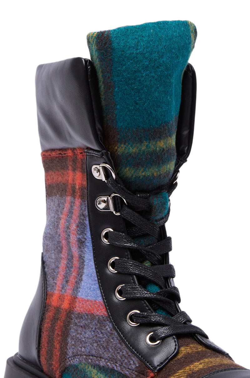 AZALEA WANG CALIBAN BLACK MULTI PLAID COMBAT BOOTIE – AKIRA