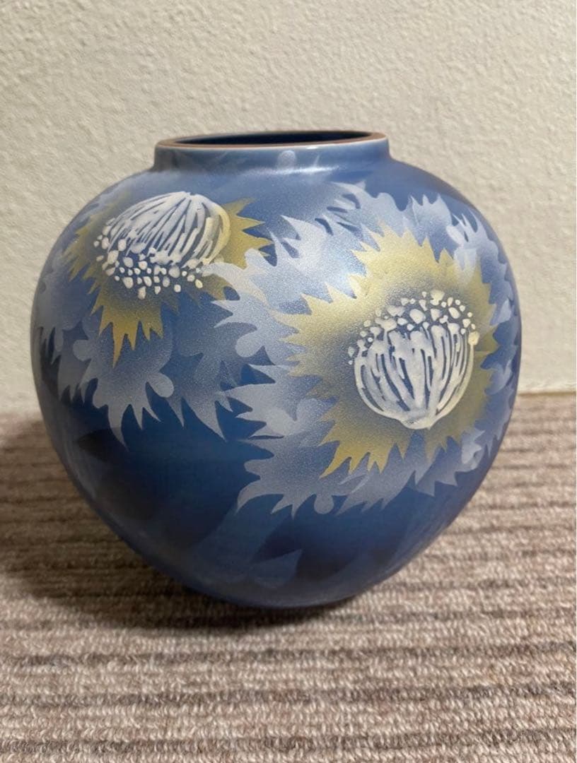 九谷焼　花瓶　銀彩牡丹　青色　新品 8号花瓶 銀彩木立