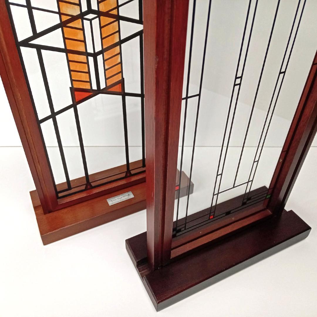 フランクロイドライト ステンドグラス木製枠2枚パレード＆ロビー邸