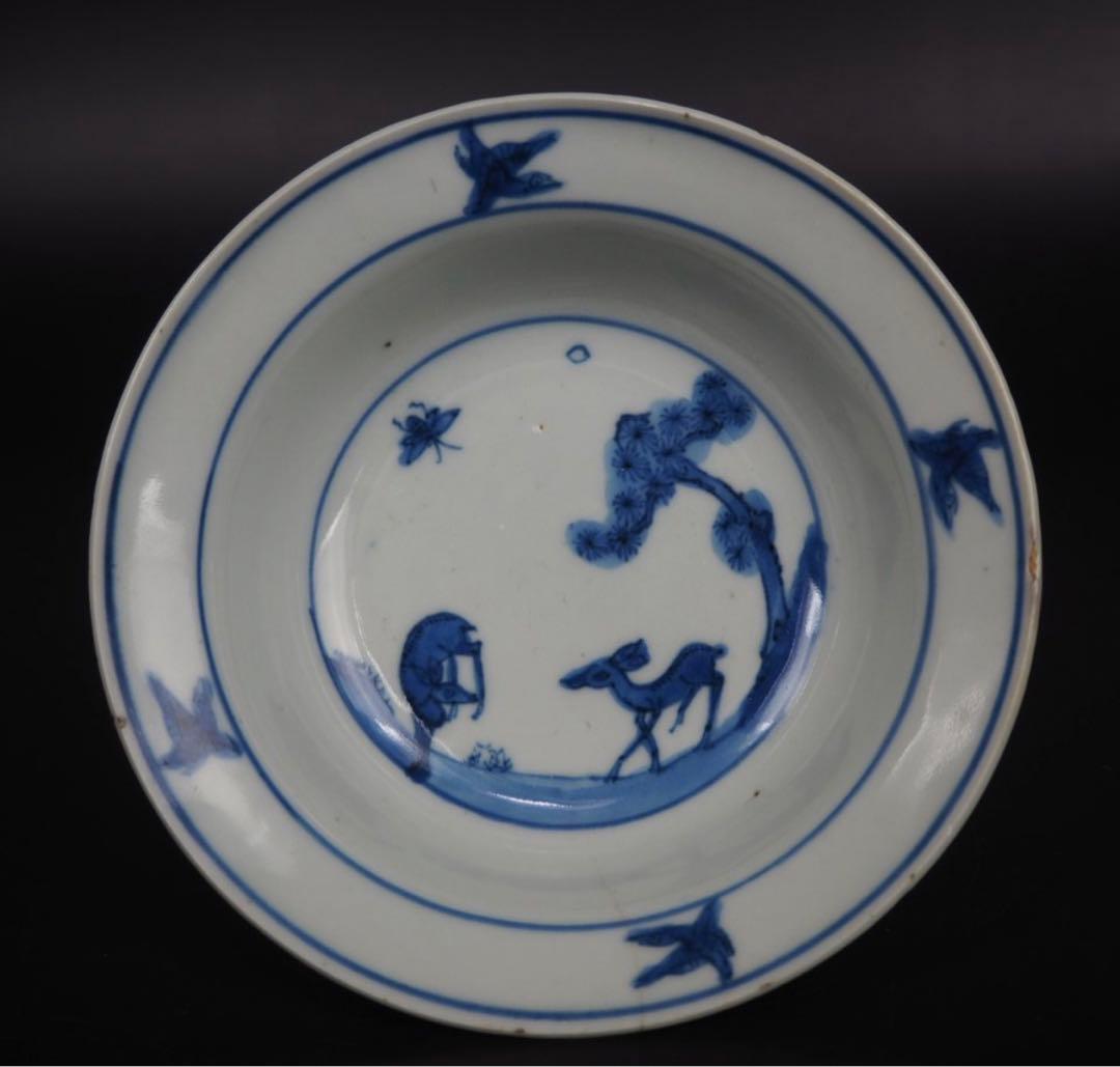 送料無料　明末～清初　松鹿鳥図染付碗　径16.5ｃｍ　中国古玩 fit=scale-down,w=1200