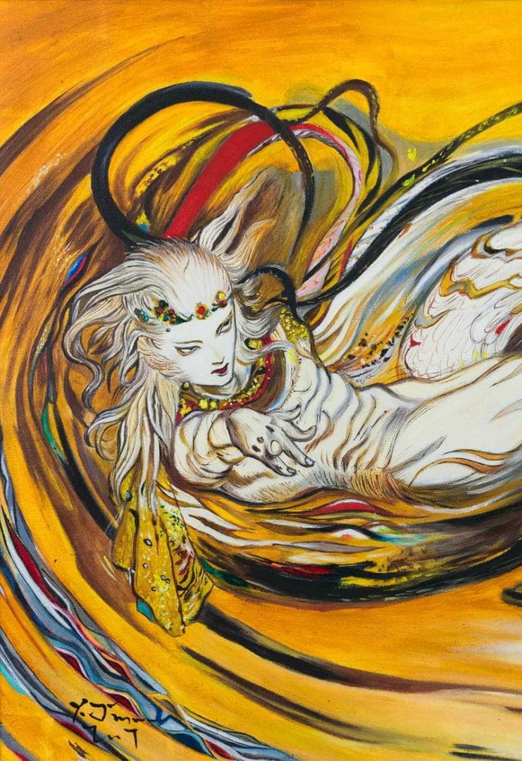 天野喜孝 油彩 肉筆『飛天風神』表サイン 裏サイン P8号 額装 b767