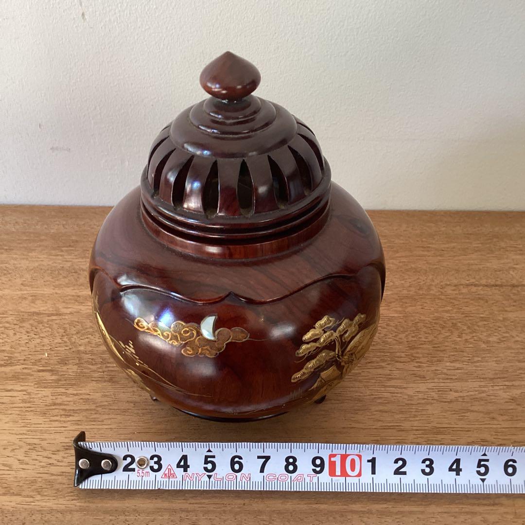 三足香炉 雲龍作 高級紫檀 蒔絵香炉 金蒔絵 山水之図 松 鶴 竹 木製